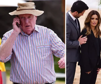 Man in a striped shirt and straw hat on the phone; a suited man comforts a woman on the beach.