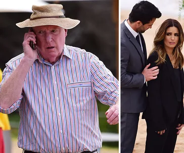 Man in a striped shirt and straw hat on the phone; a suited man comforts a woman on the beach.