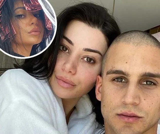 Two people posing closely, one has dark hair in a robe. Inset shows a woman with foil in hair.