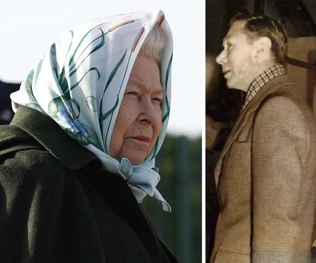 Profile of an elderly woman in a headscarf next to a black-and-white photo of a man in a suit.