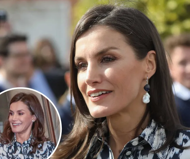 Queen Letizia in a patterned outfit, smiling outdoors, with an inset of her in a similar outfit.