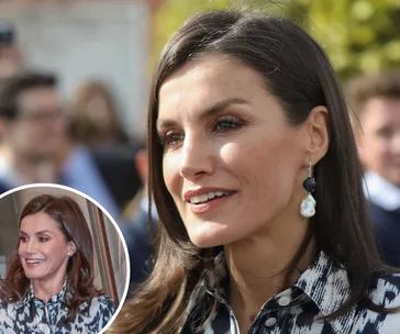 Queen Letizia in a patterned outfit, smiling outdoors, with an inset of her in a similar outfit.