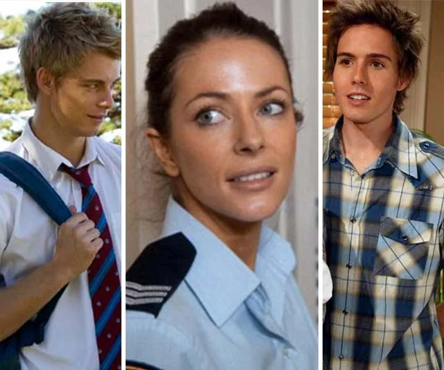 Three characters from "Home and Away": a schoolboy with a backpack, a woman in police uniform, a young man in plaid shirt.