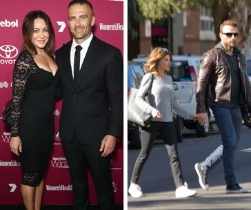 A couple poses at an event; same duo walks hand in hand on a street.