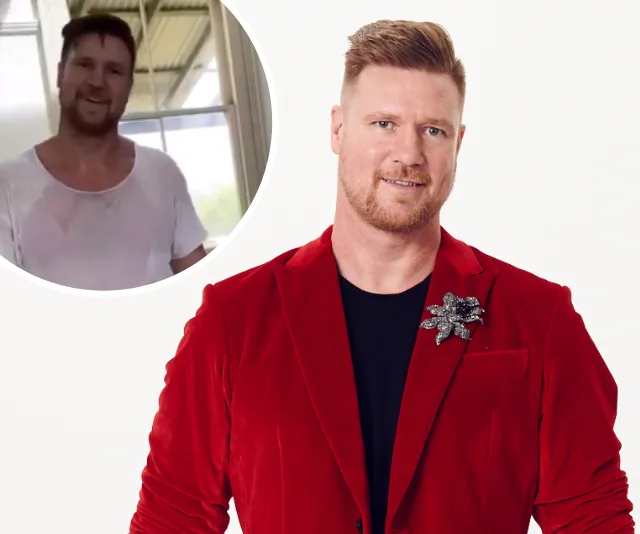 Man in red velvet jacket with brooch; inset shows him in a casual white shirt.