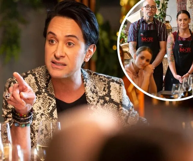 "Person speaking passionately at a table; inset shows MKR contestants Dan and Steph standing together."