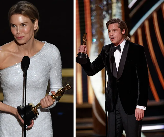 Actors holding Oscars at the 2020 Academy Awards ceremony.