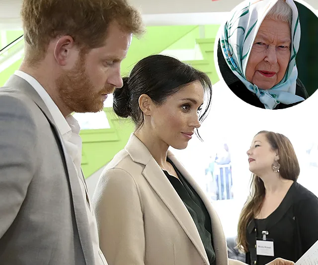Prince Harry and Meghan Markle at an event, with a circular inset of an elderly woman in a headscarf.