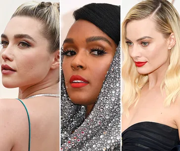Three women with glamorous makeup on the Oscars 2020 red carpet, showing diverse styles and bold lipstick.