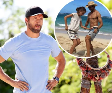 Man in a blue shirt on a beach, inset shows girl and shirtless man playing on the sand.