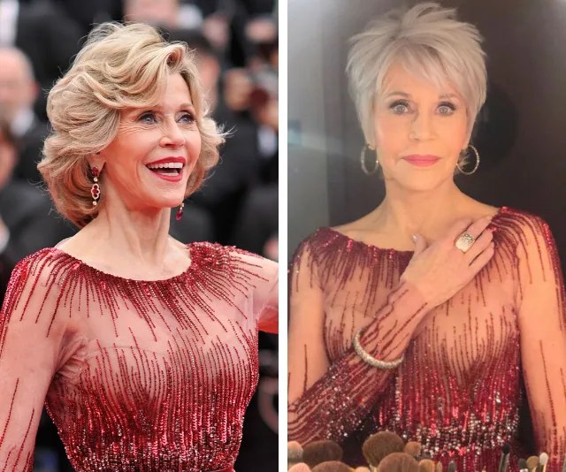 Jane Fonda with short hairstyles in a red sequined dress, smiling at an event and posing indoors.