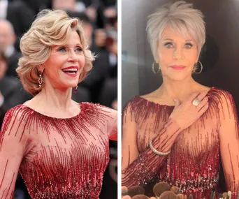 Jane Fonda with short hairstyles in a red sequined dress, smiling at an event and posing indoors.