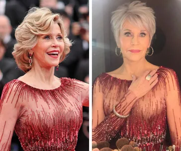 Jane Fonda with short hairstyles in a red sequined dress, smiling at an event and posing indoors.