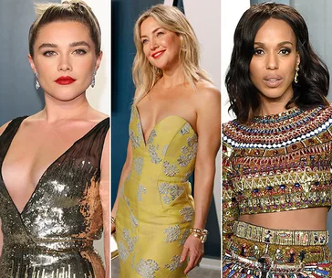 Three women in elegant dresses pose at an Oscars after-party in 2020.