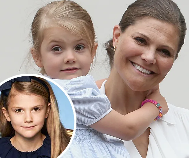 Mother holding daughter, smiling. Inset shows a child portrait with a blue background.