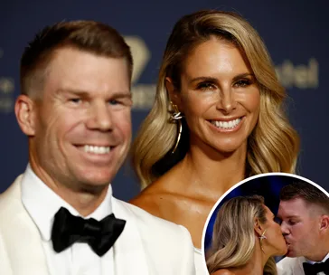 Couple smiling at cricket awards event, inset shows them sharing a kiss.