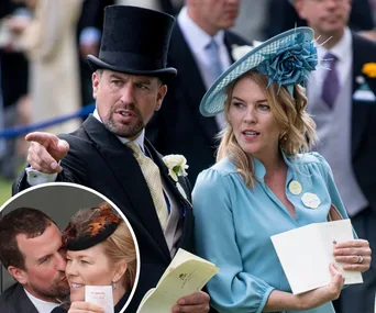 A couple at a formal event, the man in a top hat pointing and the woman in a blue outfit holding papers; inset of them close together.