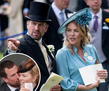 A couple at a formal event, the man in a top hat pointing and the woman in a blue outfit holding papers; inset of them close together.