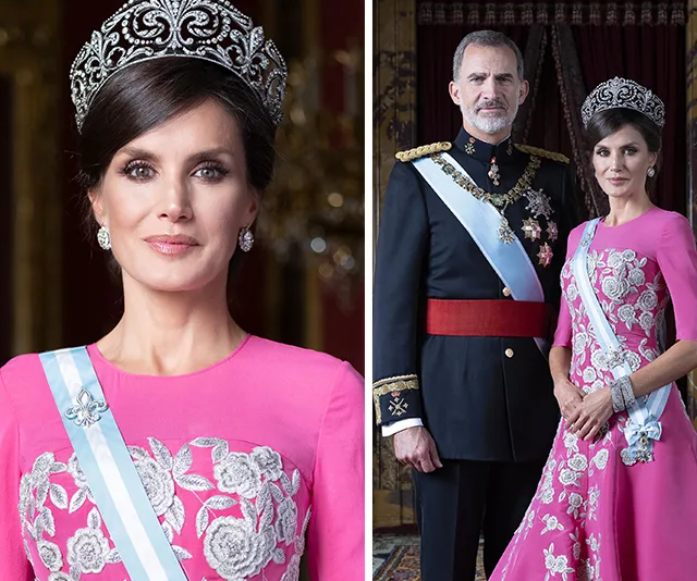 Queen in a pink gown and crown, with King in formal suit, posing in a regal setting.
