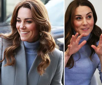 Two images of a smiling woman with long brown hair, wearing a gray coat and blue sweater, gesturing with her hands.