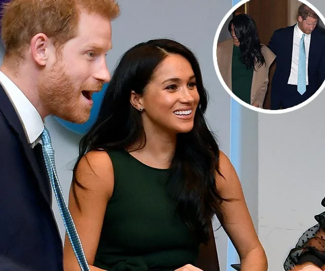 Meghan Markle and Prince Harry smiling in conversation, with an inset photo of them walking together.