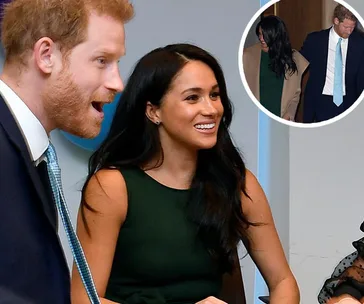 Meghan Markle and Prince Harry smiling in conversation, with an inset photo of them walking together.