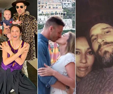 Three couples: first with a baby and fun poses, second kissing by a scenic view, third in a warm close-up selfie.
