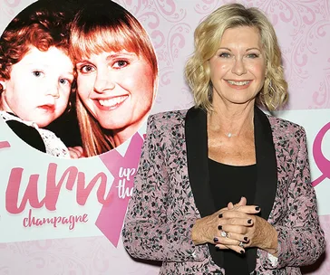 A woman in a floral blazer poses and smiles; inset photo of a woman with a child. Pink background with text.