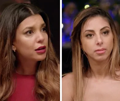Two women are in a split-screen image. The woman on the left looks surprised, while the one on the right appears neutral.