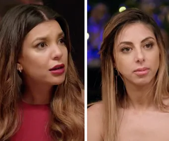 Two women are in a split-screen image. The woman on the left looks surprised, while the one on the right appears neutral.