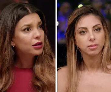 Two women are in a split-screen image. The woman on the left looks surprised, while the one on the right appears neutral.