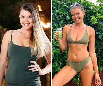 Contestant showcases weight loss transformation: left wearing a dark top, right in green bikini holding a smoothie.