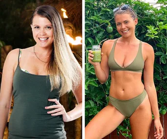 Contestant showcases weight loss transformation: left wearing a dark top, right in green bikini holding a smoothie.