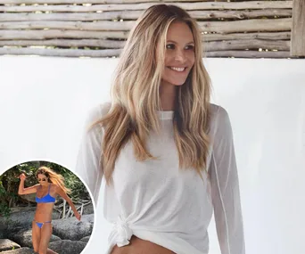 Elle Macpherson smiling in a white shirt, with inset of her in a blue bikini on a beach.
