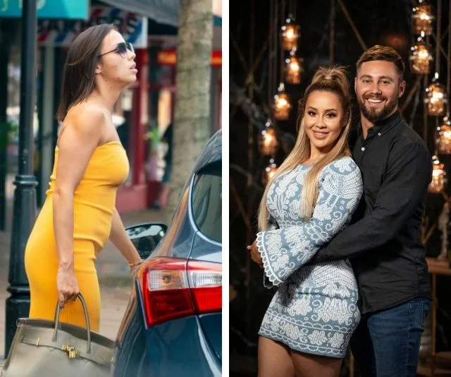 Woman in yellow dress walking with a bag (left); also, a couple embracing indoors with decorative lights (right).