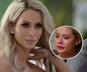 A woman with long blonde hair seated, inset of her crying with visible tears.