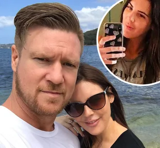A couple posing near water with a woman taking a selfie inset.