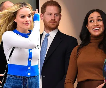 Alt: "Split image of a woman in blue cardigan and a couple in formal wear smiling."