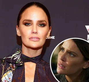 Jodi Anasta at an event, inset shows her emotional expression as her character Elly Conway from "Neighbours."