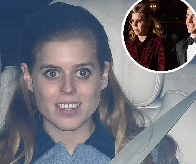Princess Beatrice seated in a car, with an inset of her in a red outfit attending an event.