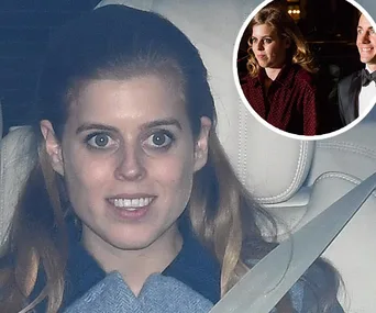 Princess Beatrice seated in a car, with an inset of her in a red outfit attending an event.