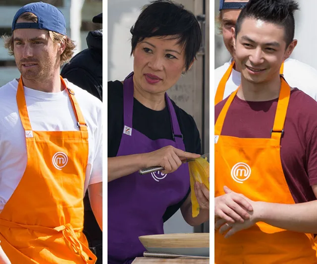 "MasterChef 2020 contestants wearing aprons, two in orange, one in purple, engaged in a cooking task outdoors."