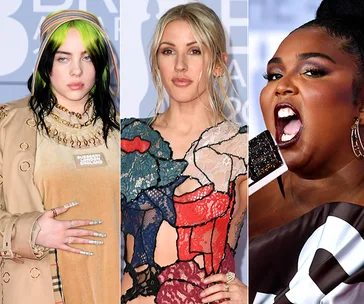 Three individuals on the BRIT Awards 2020 red carpet in distinctive outfits and hairstyles.