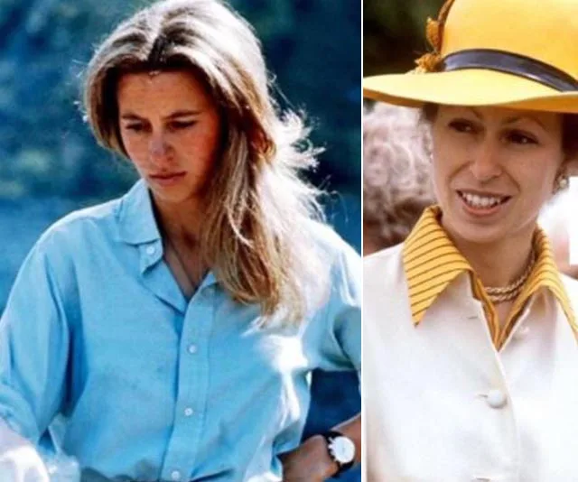 Two photos: Left, woman in a blue shirt with long hair. Right, same woman in a yellow hat and coat with a striped collar.