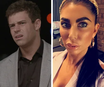A man in a gray suit looking confused on the left and a woman with dark hair and bold makeup on the right.
