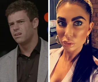 A man in a gray suit looking confused on the left and a woman with dark hair and bold makeup on the right.