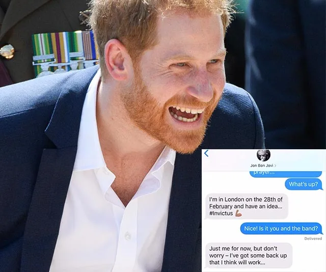Prince Harry laughing, with an inset of a text conversation about London on February 28th and #Invictus with Jon Bon Jovi.