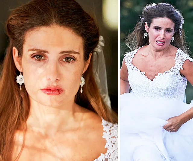 Leah from "Home and Away" in a wedding dress, looking worried, then running in distress.