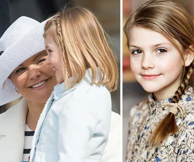 Royal celebration: Young girl smiling with a woman wearing a white hat, and her portrait with braided hair.