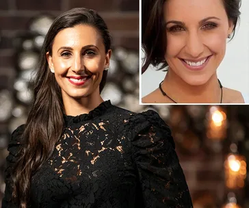 Woman in black lace dress smiling, with a close-up inset showing her smiling face.